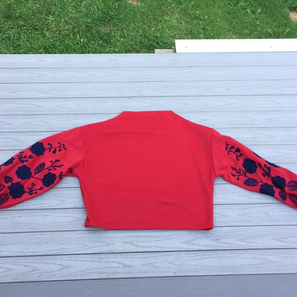 Long sleeved red shirt with embroidered roses.